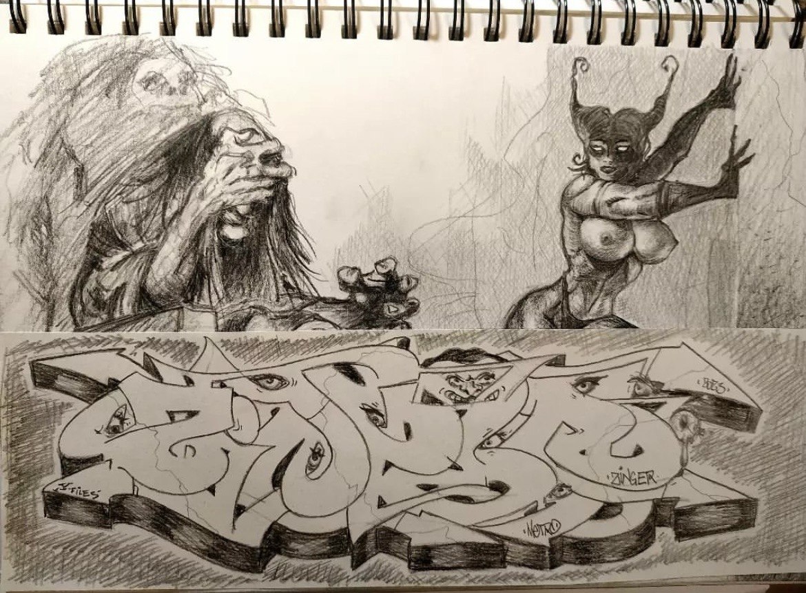 Pencil graffiti artwork in a sketchbook