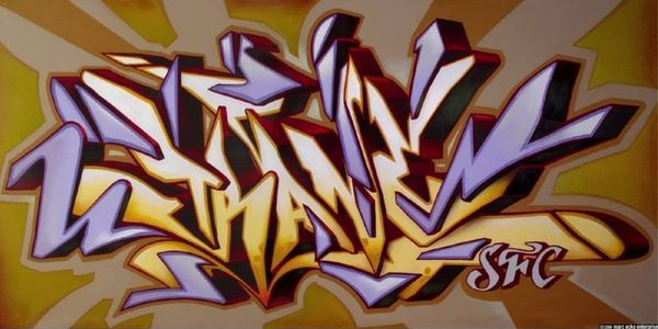 Angular purple and yellow graffiti on a golden wall